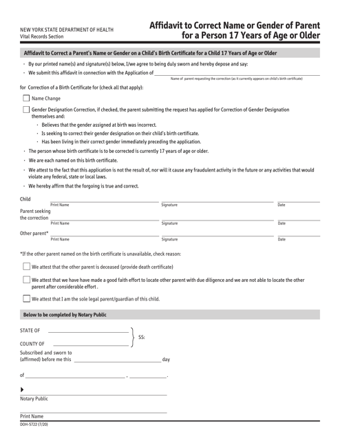 Form DOH-5722 Affidavit to Correct Name or Gender of Parent for a Person 17 Years of Age or Older - New York