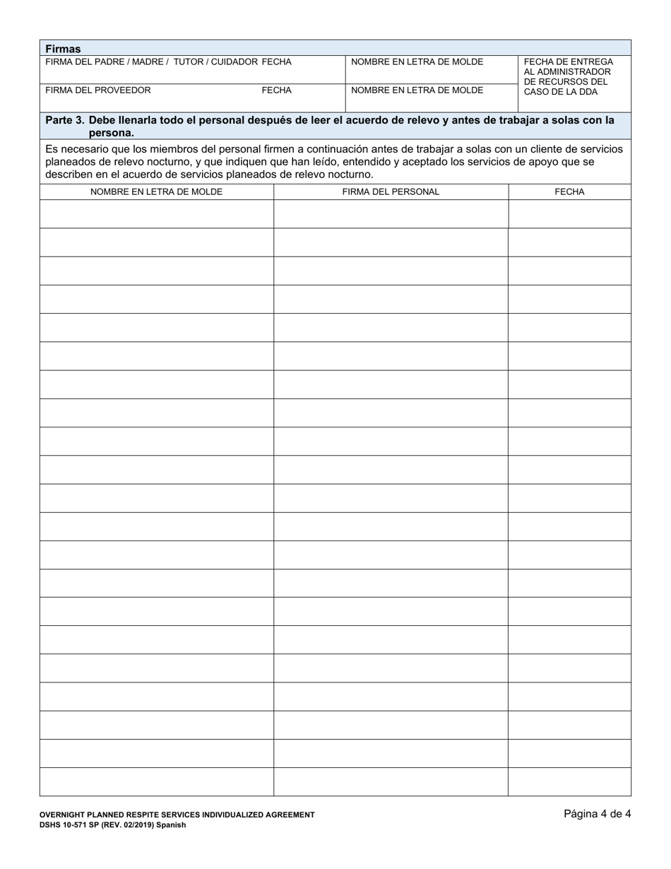 DSHS Formulario 10-571 Servicios Planeados De Relevo Nocturno Acuerdo Personalizado - Washington (Spanish), Page 4