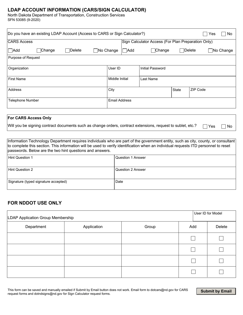 Form SFN53085 Ldap Account Information (Cars / Sign Calculator) - North Dakota, Page 1