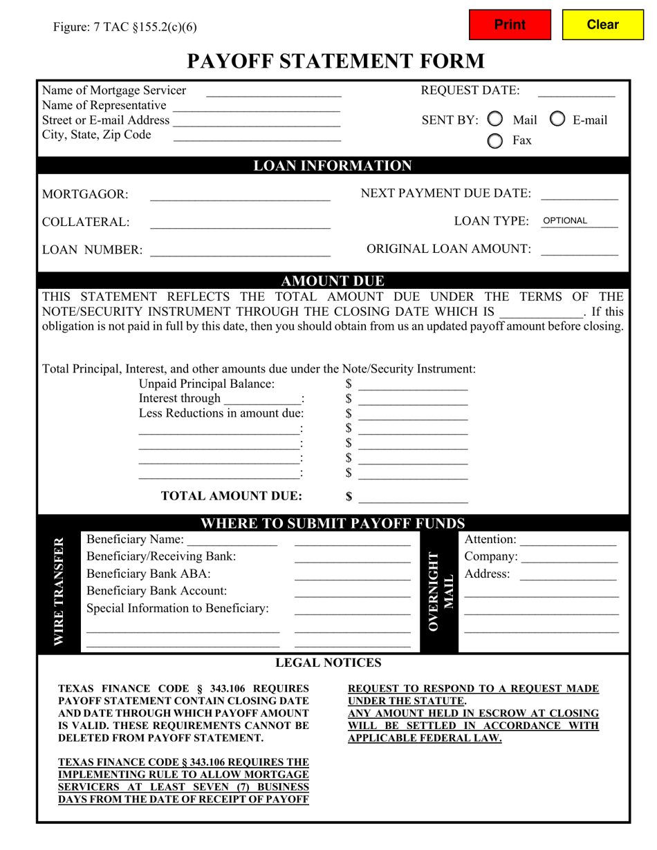 Payoff Statement Form - Texas, Page 1