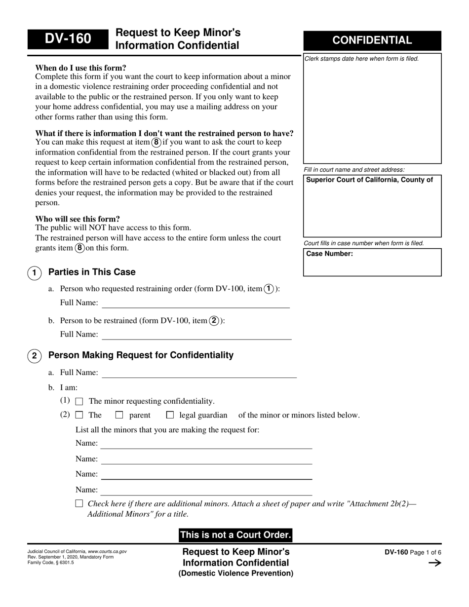 Form DV-160 Request to Keep Minor's Information Confidential - California, Page 1
