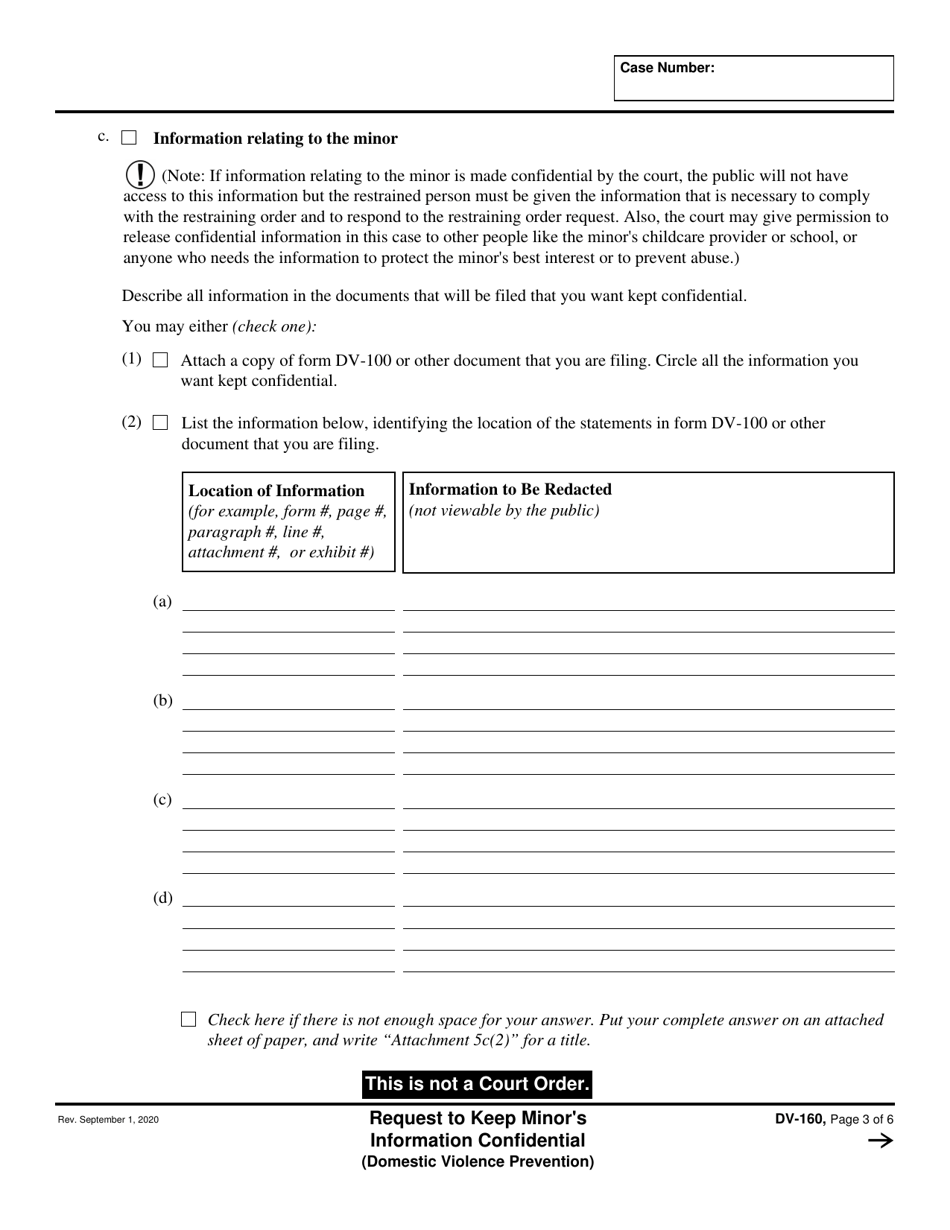Form DV-160 Request to Keep Minors Information Confidential - California, Page 3
