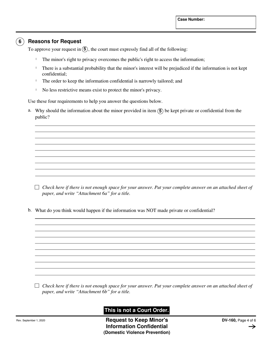 Form DV-160 Request to Keep Minors Information Confidential - California, Page 4