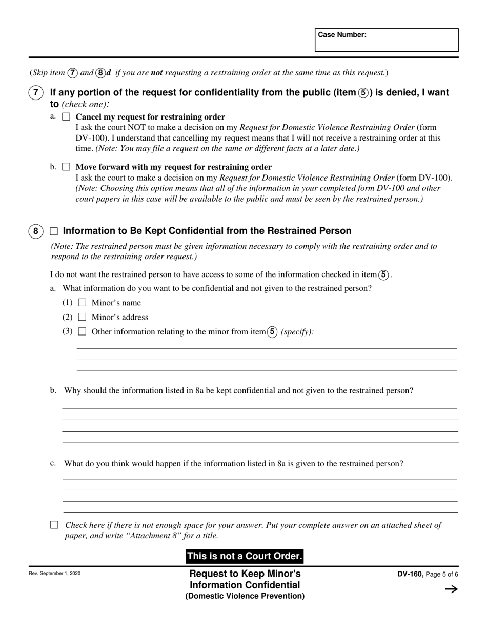 Form DV-160 Request to Keep Minors Information Confidential - California, Page 5