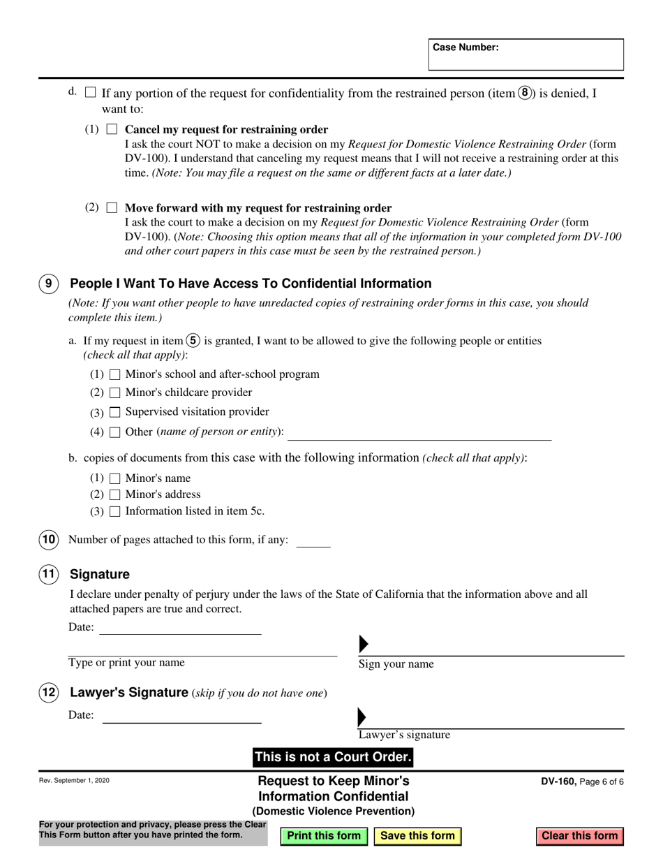 Form DV-160 Request to Keep Minors Information Confidential - California, Page 6