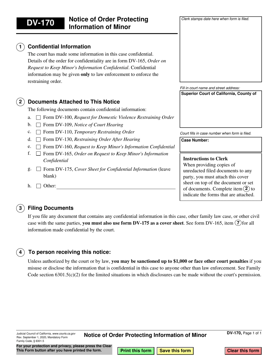 Form DV-170 Notice of Order Protecting Information of Minor - California, Page 1