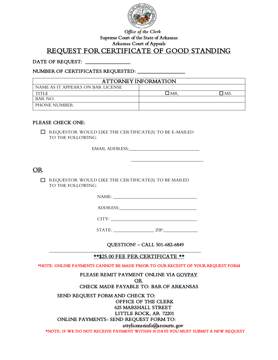 Request for Certificate of Good Standing - Arkansas, Page 1