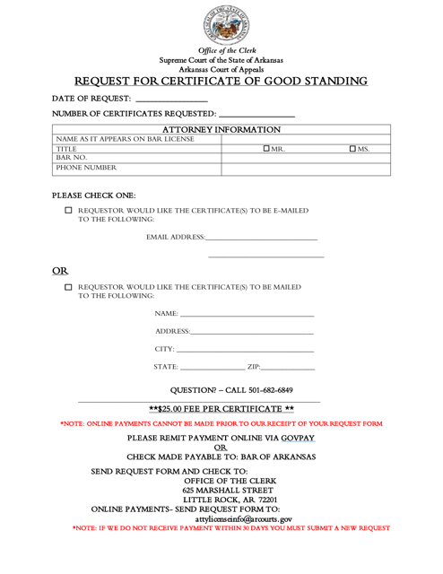 Request for Certificate of Good Standing - Arkansas Download Pdf