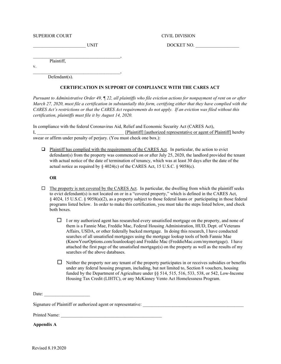 Appendix A Certification in Support of Compliance With the Cares Act - Vermont, Page 1