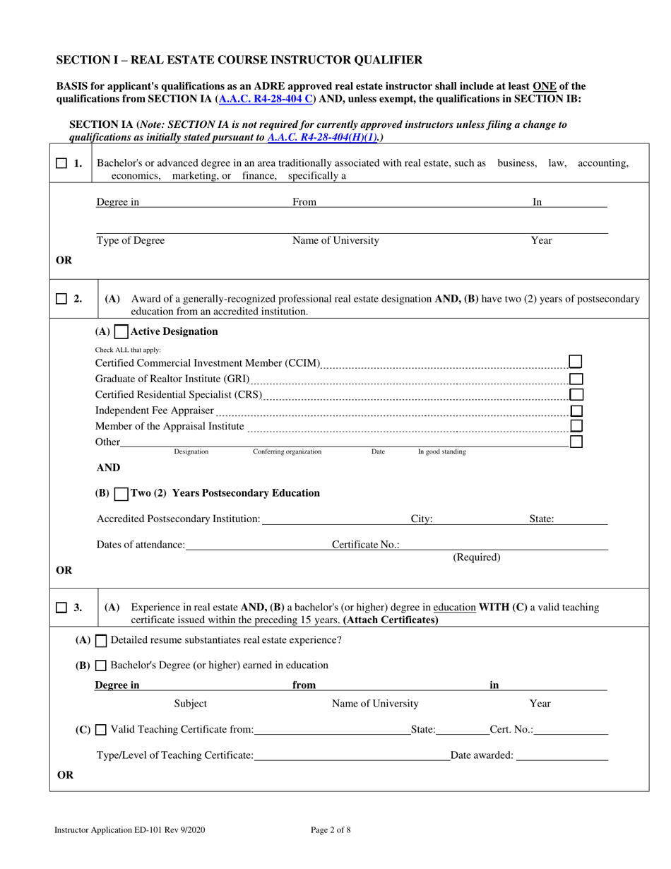 Form ED-101 Real Estate Instructor Approval / Renewal / Change Application - Arizona, Page 2