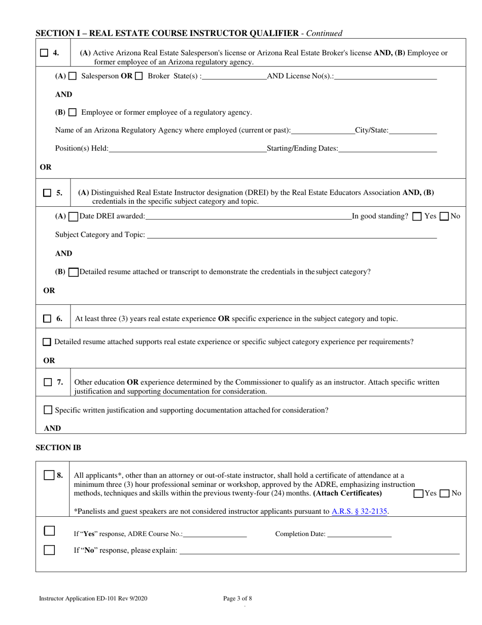Form ED-101 Real Estate Instructor Approval / Renewal / Change Application - Arizona, Page 3
