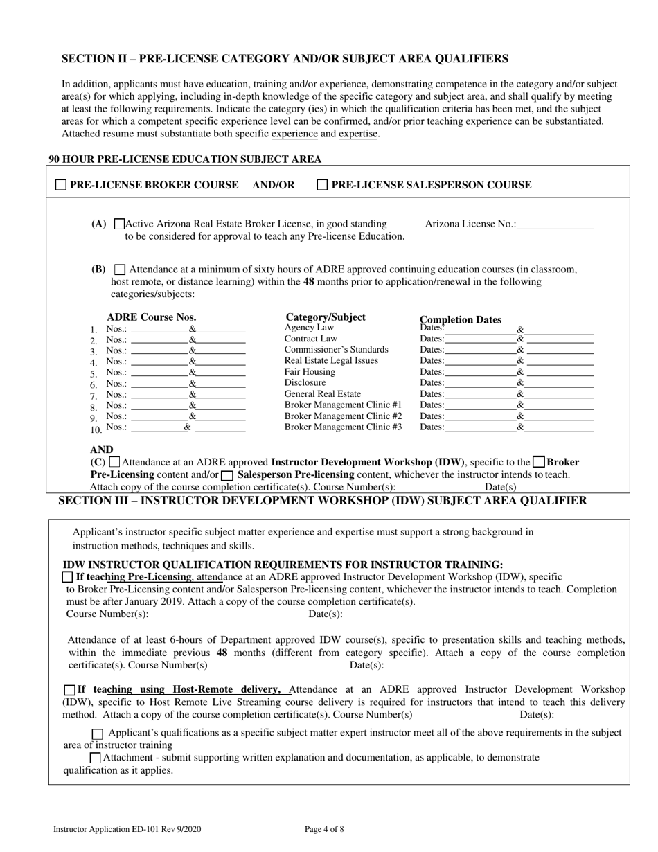 Form ED-101 Real Estate Instructor Approval / Renewal / Change Application - Arizona, Page 4