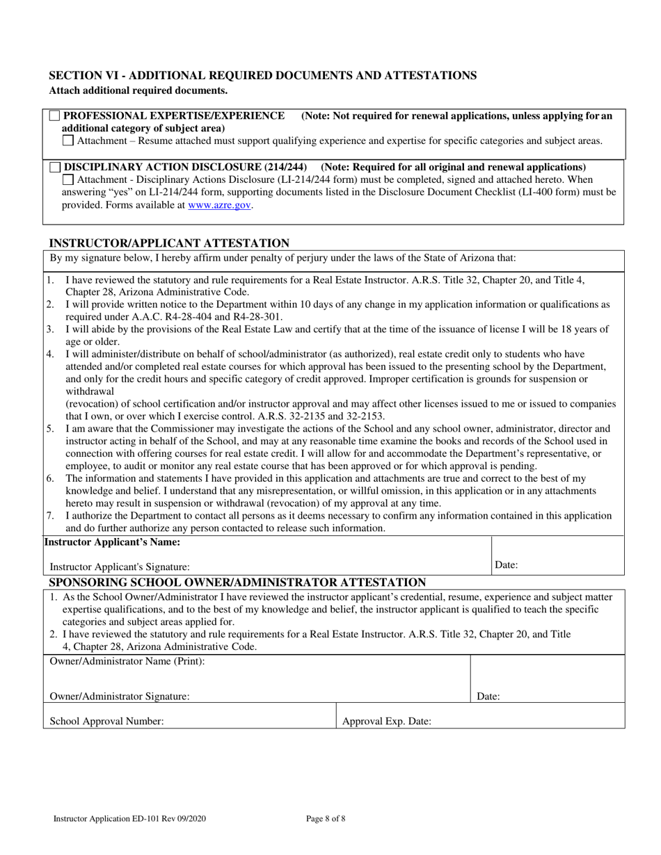 Form ED-101 Real Estate Instructor Approval / Renewal / Change Application - Arizona, Page 8