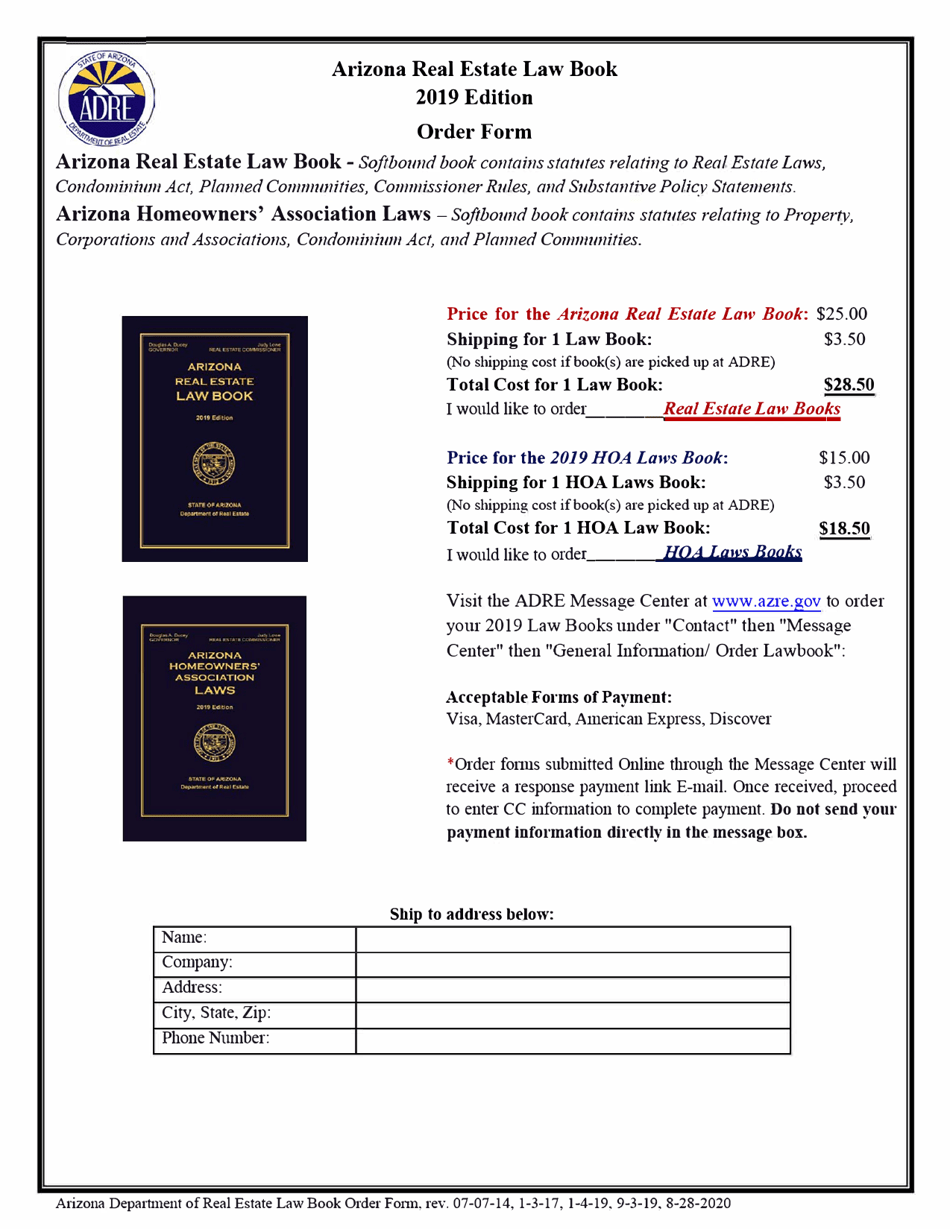Arizona Real Estate Law Book 2019 Edition Order Form - Arizona, Page 1