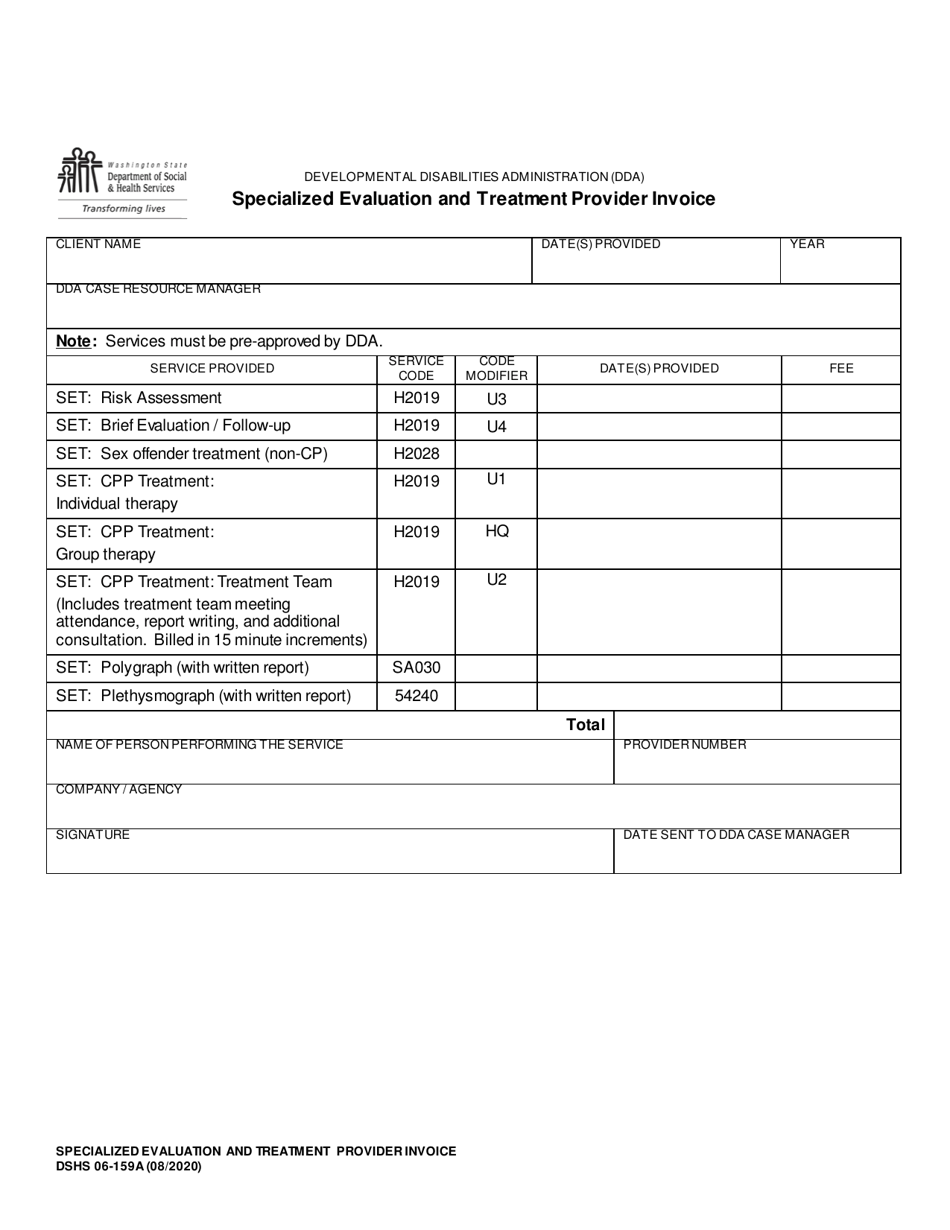 DSHS Form 06-159A Specialized Evaluation and Treatment Provider Invoice - Washington, Page 1