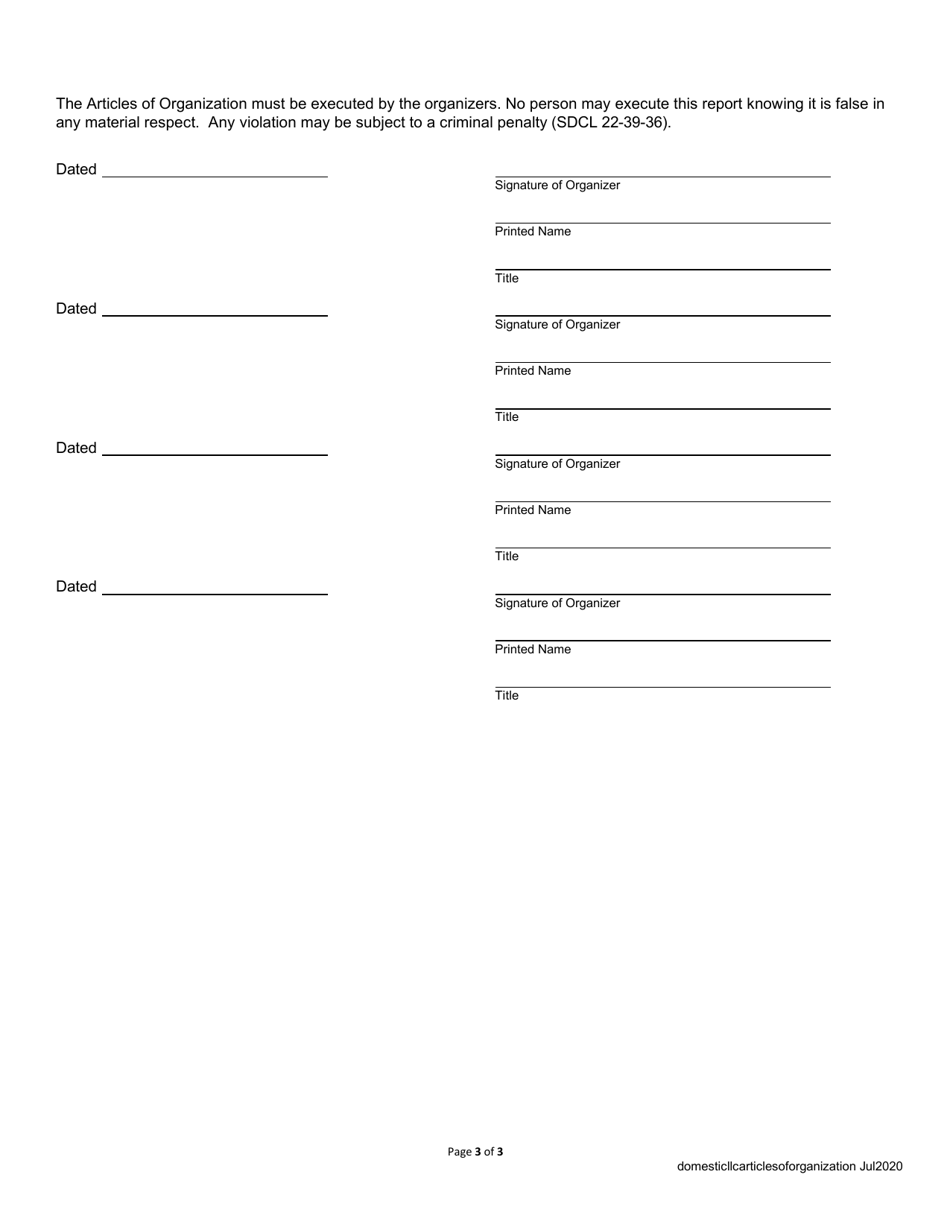 Articles of Organization - Domestic Limited Liability Company - South Dakota, Page 3