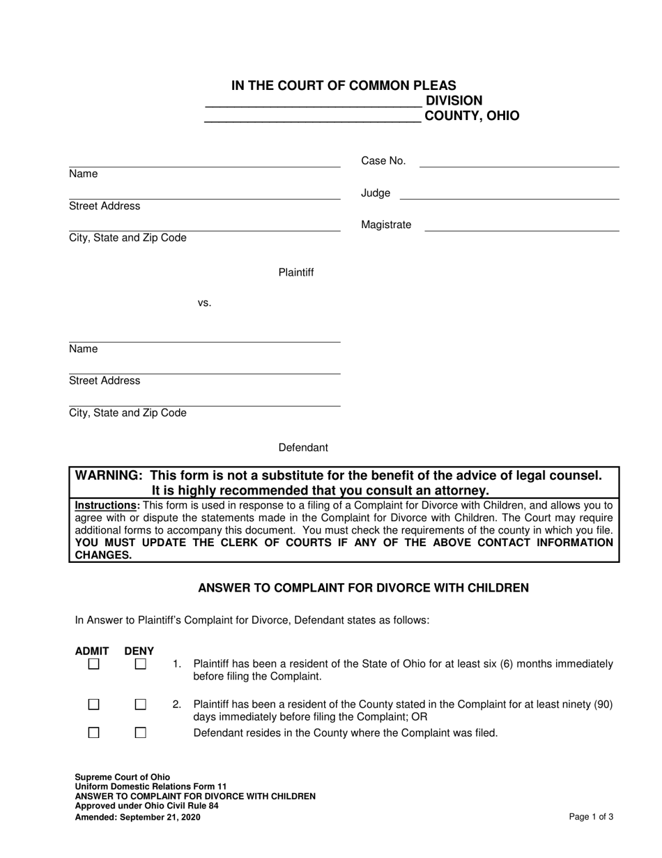 Uniform Domestic Relations Form 11 Answer to Complaint for Divorce With Children - Ohio, Page 1