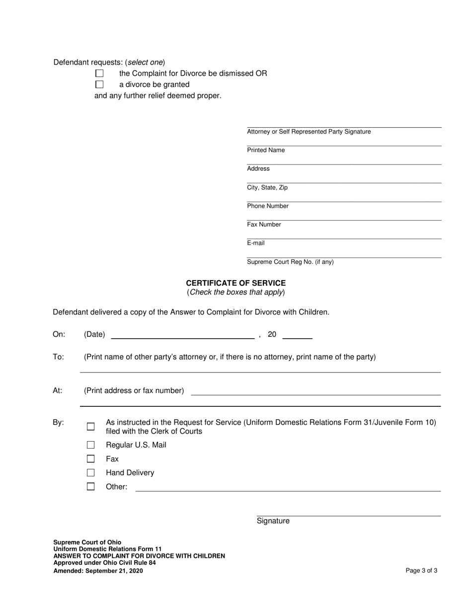 Uniform Domestic Relations Form 11 Answer to Complaint for Divorce With Children - Ohio, Page 3