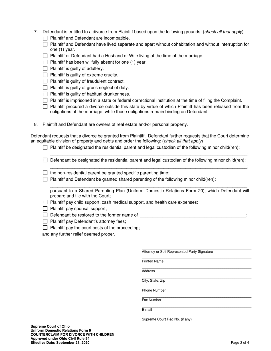 Uniform Domestic Relations Form 9 Counterclaim for Divorce With Children - Ohio, Page 3