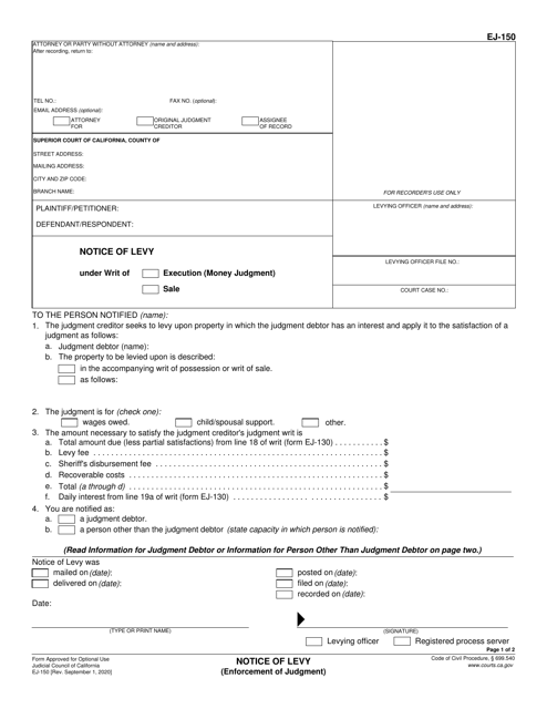 Form EJ-150 Notice of Levy - California