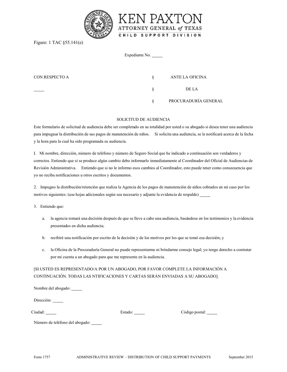 Formulario 1757 Solicitud De Revision Administrativa - Distribucion De Los Pagos De Manutencion De Ninos - Texas (Spanish), Page 2