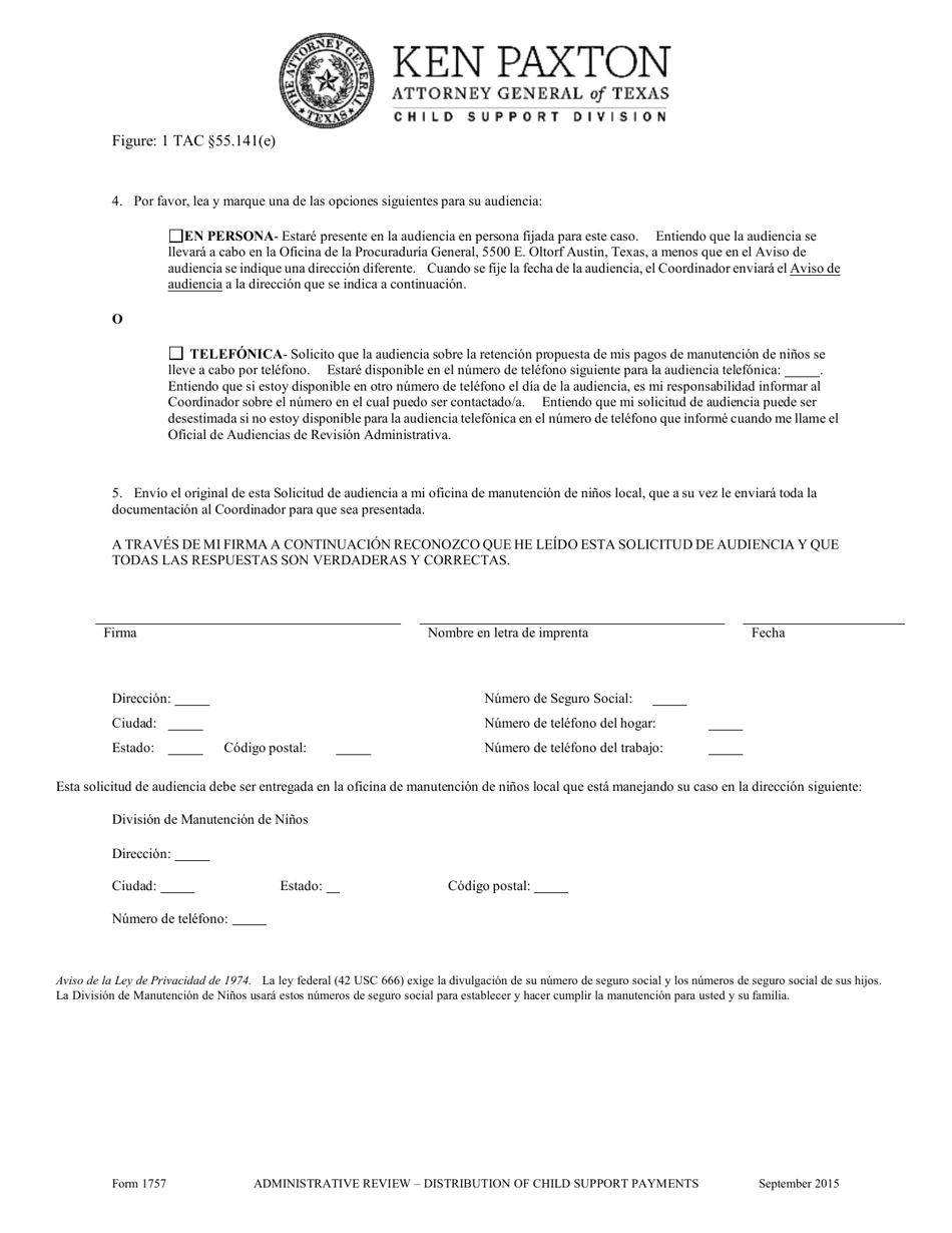 Formulario 1757 Solicitud De Revision Administrativa - Distribucion De Los Pagos De Manutencion De Ninos - Texas (Spanish), Page 3