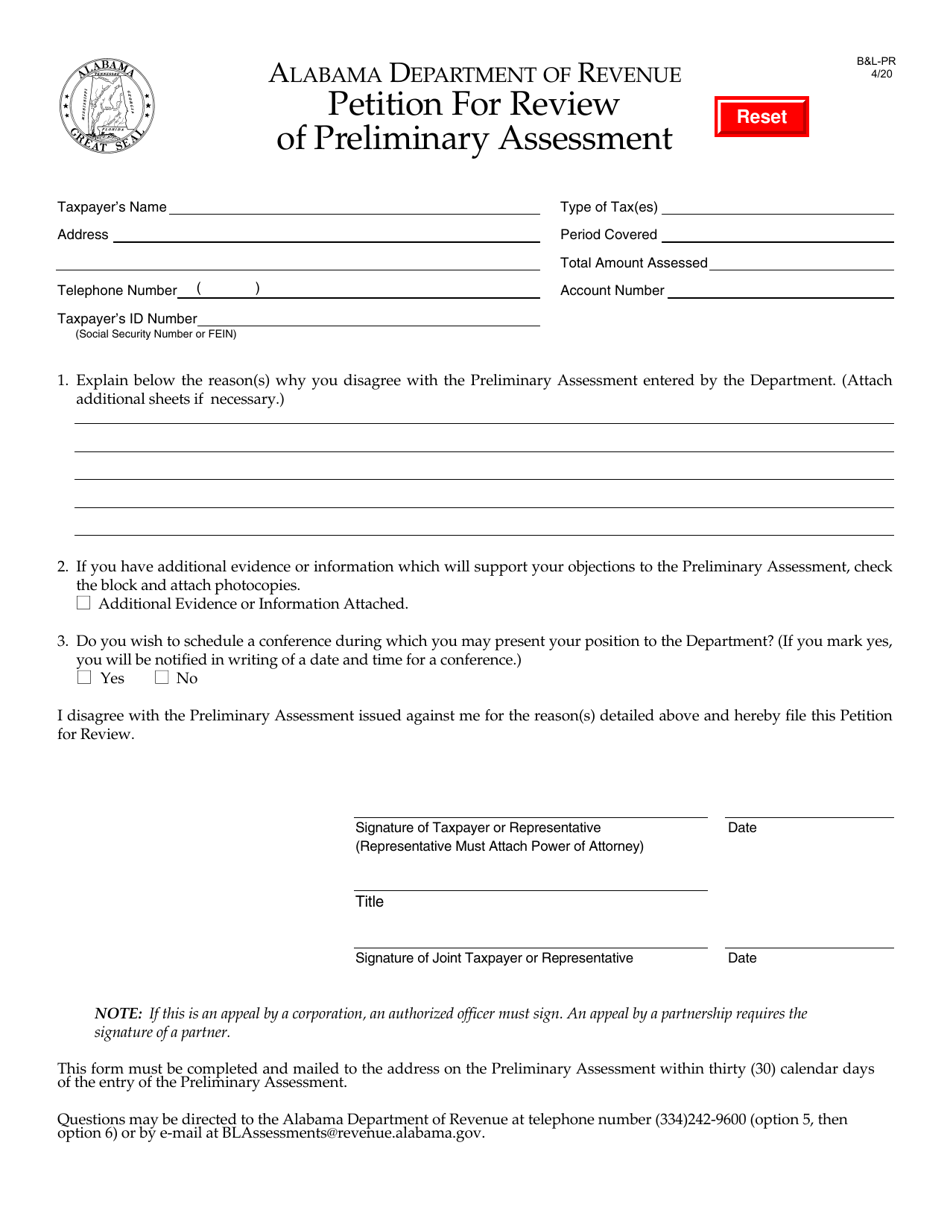 Form BL-PR Petition for Review of Preliminary Assessment - Alabama, Page 1