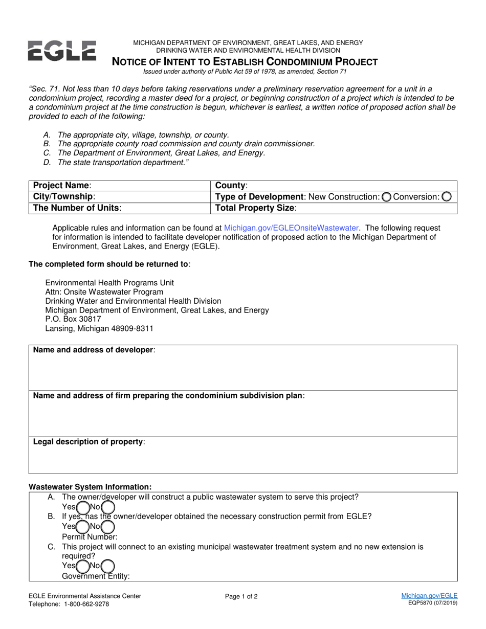 Form EQP5870 Notice of Intent to Establish Condominium Project - Michigan, Page 1