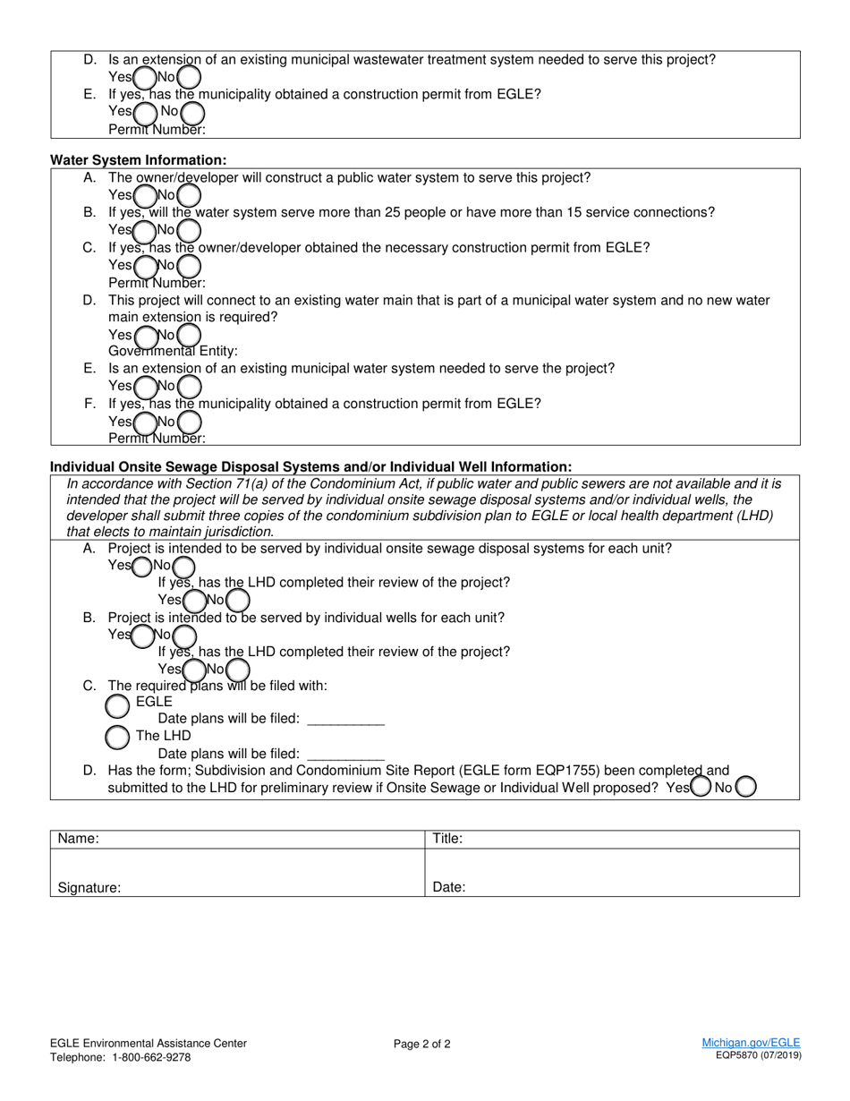 Form EQP5870 Notice of Intent to Establish Condominium Project - Michigan, Page 2