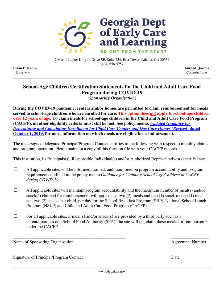 School-Age Children Certification Statements for the Child and Adult Care Food Program During Covid-19 (Sponsoring Organization) - Georgia (United States), Page 1