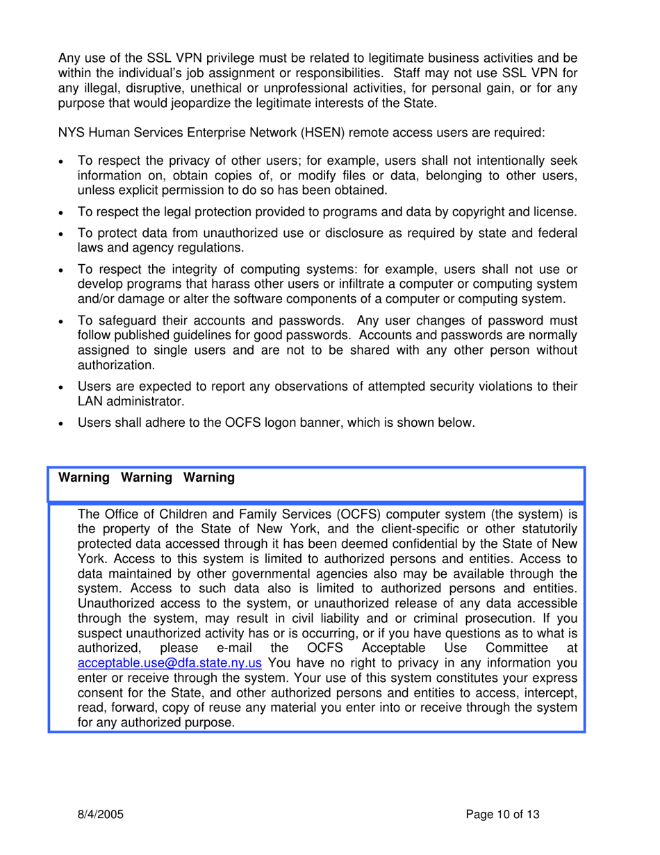 Instructions for Form OCFS-4827 Ssl Vpn Request for Access to Approved Ocfs Applications for Local District and Agency Use on Non-state Owned Pcs - New York, Page 10