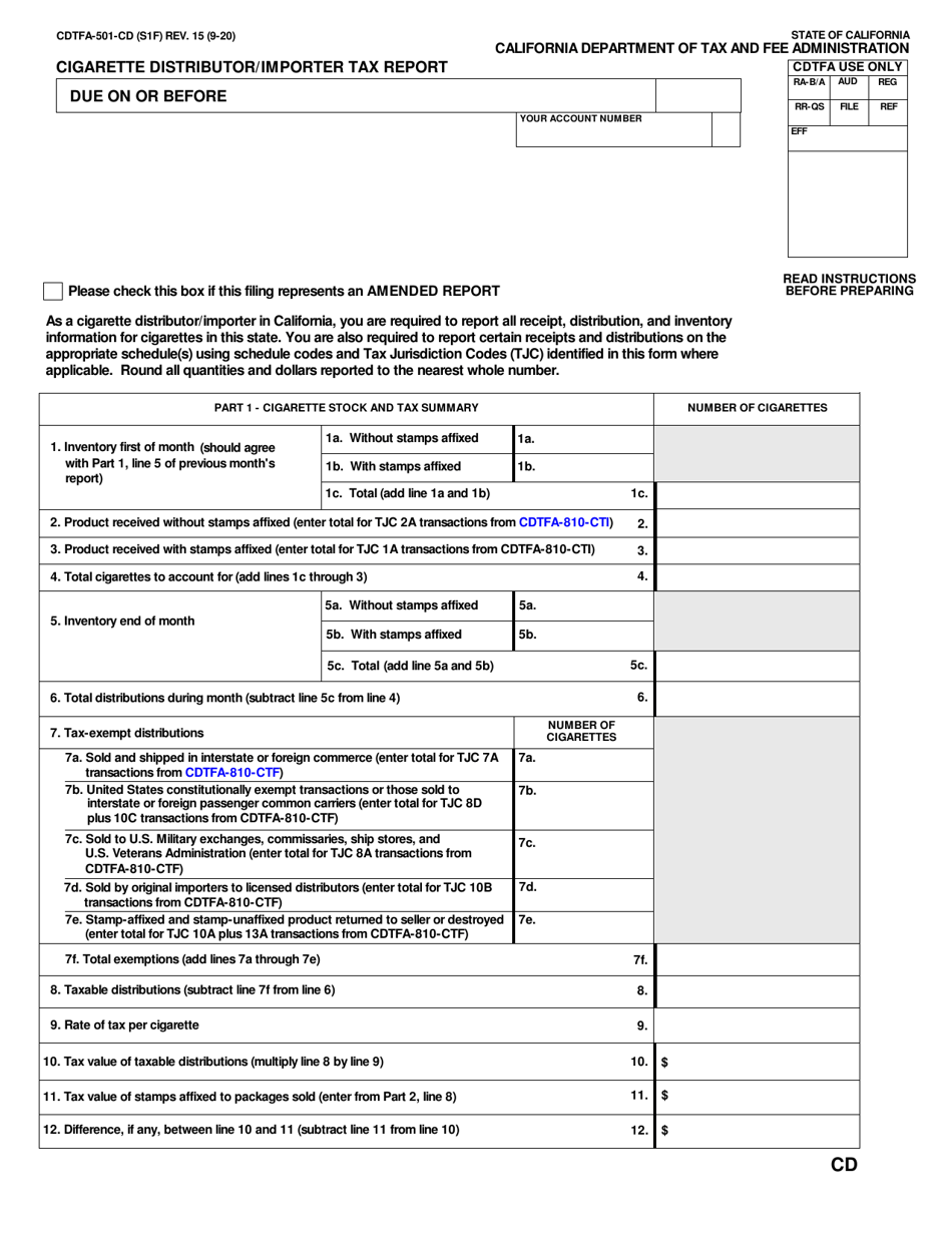 Form CDTFA-501-CD Cigarette Distributor / Importer Tax Report - California, Page 1