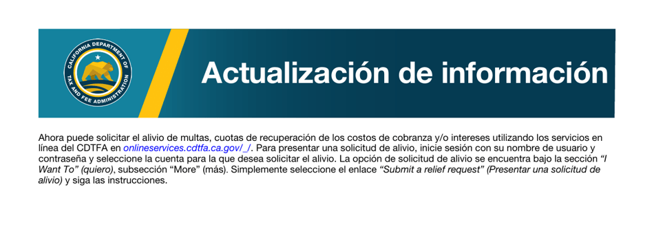 Formulario CDTFA-735-S Solicitud De Alivio De Multas, Cuota De Recuperacion De Los Costos De Cobranza, Y / O Interes - California (Spanish), Page 1