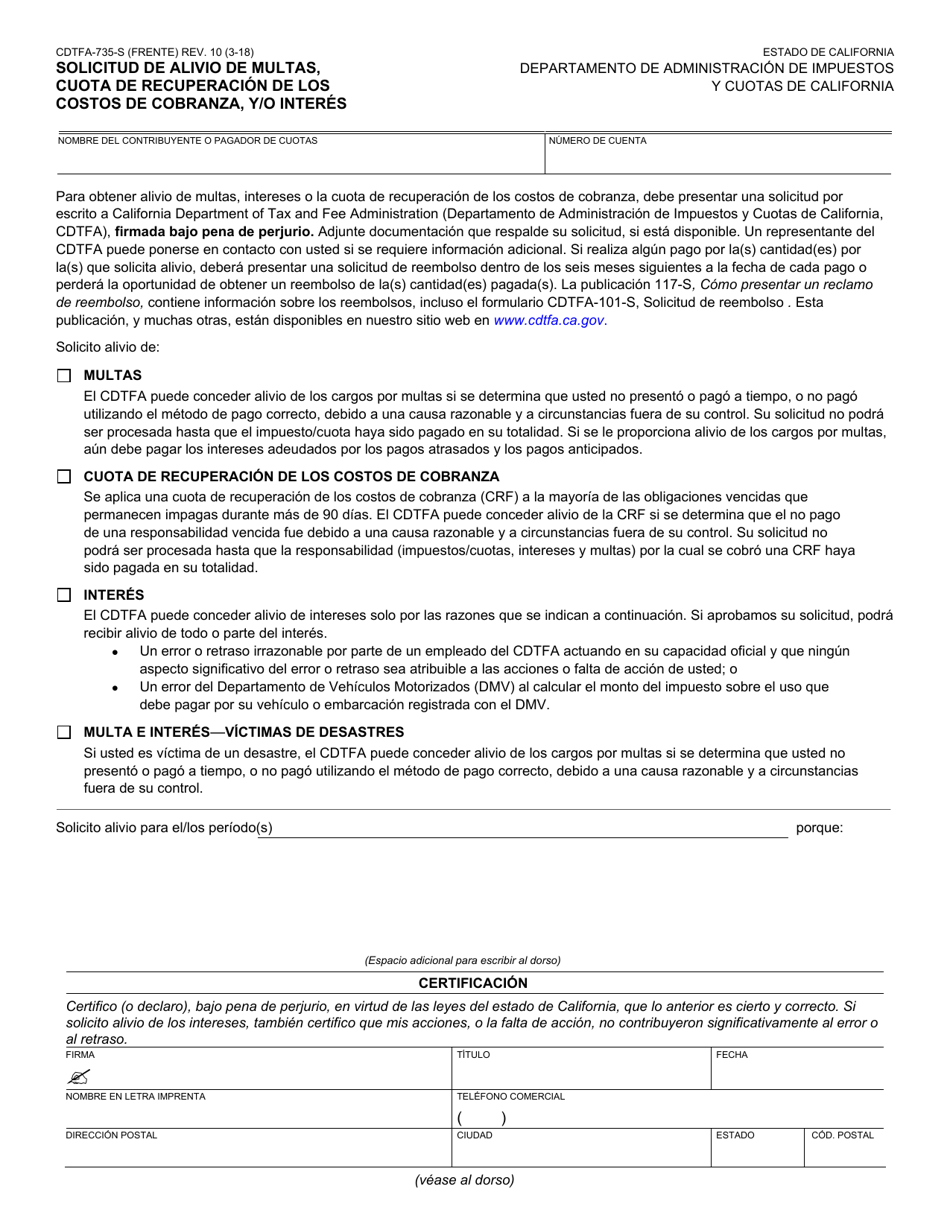 Formulario CDTFA-735-S Solicitud De Alivio De Multas, Cuota De Recuperacion De Los Costos De Cobranza, Y / O Interes - California (Spanish), Page 2