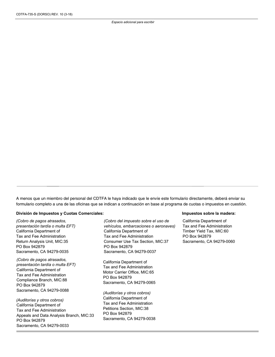 Formulario CDTFA-735-S Solicitud De Alivio De Multas, Cuota De Recuperacion De Los Costos De Cobranza, Y / O Interes - California (Spanish), Page 3