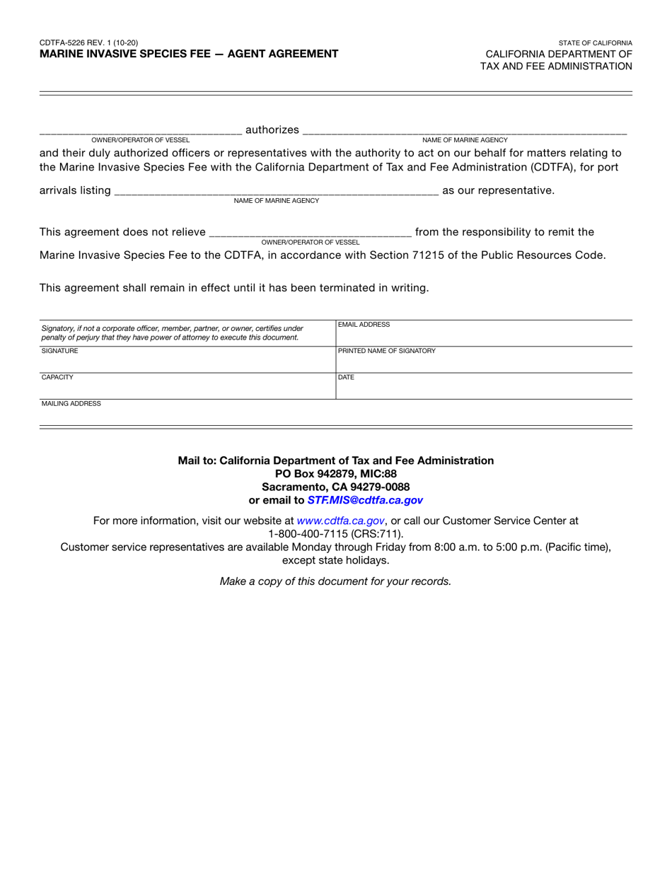 Form CDTFA-5226 Marine Invasive Species Fee - Agent Agreement - California, Page 1