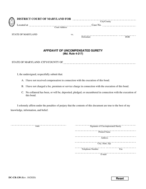 Form DC-CR-130 Affidavit of Uncompensated Surety - Maryland