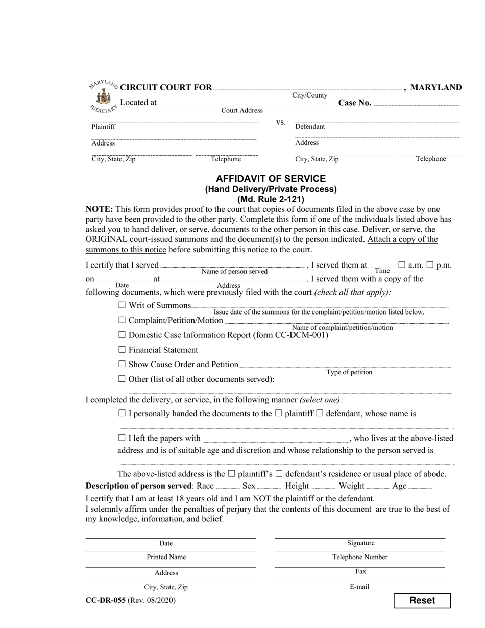 Form CC-DR-055 Affidavit of Service (Hand Delivery / Private Process) - Maryland, Page 1