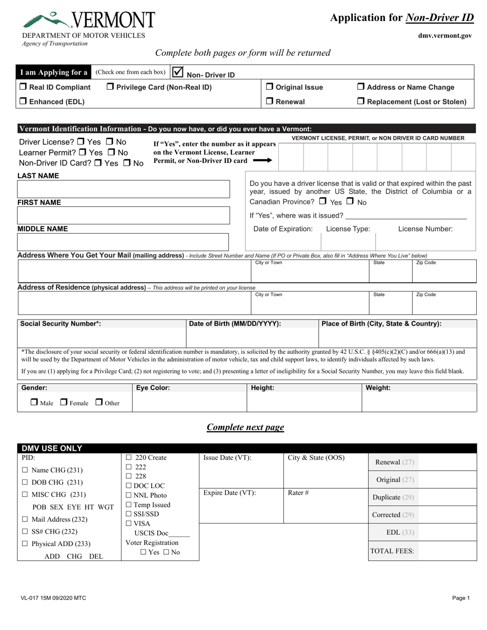 Form VL-017 Application for Non-driver Id - Vermont, Page 1