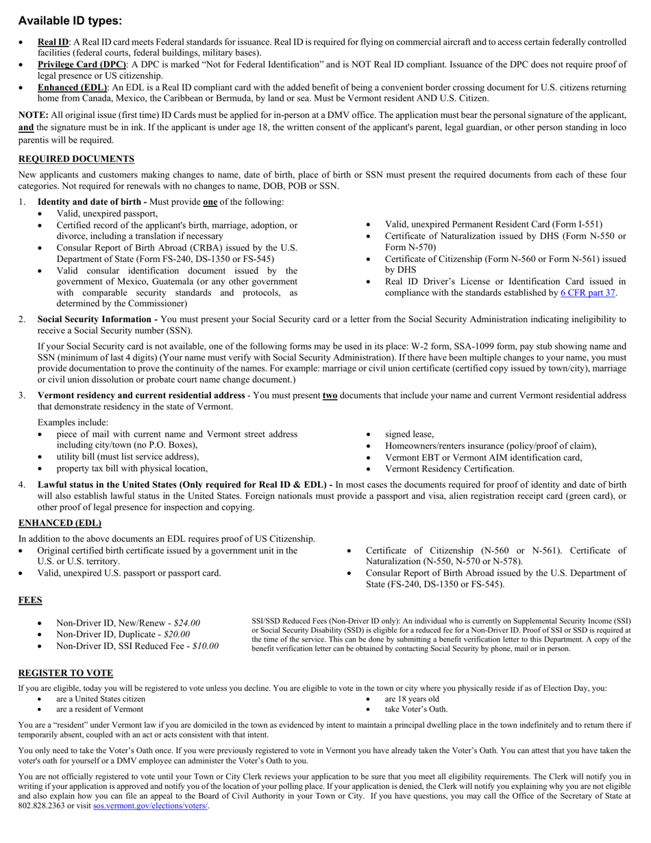 Form VL-017 Application for Non-driver Id - Vermont, Page 3