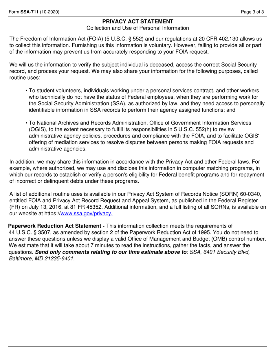 Form SSA-711 Request for Deceased Individuals Social Security Record, Page 3