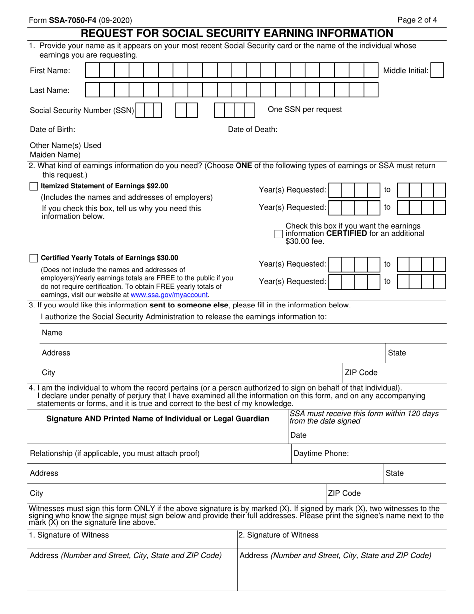 Form SSA-7050-F4 Request for Social Security Earning Information, Page 2