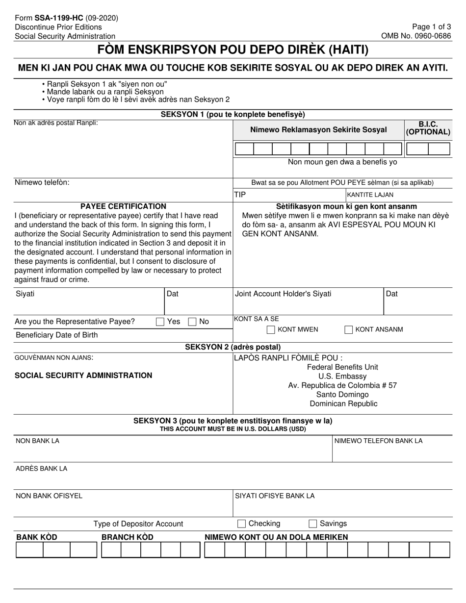 Form SSA-1199-HC Direct Deposit Sign up Form (Haitian Creole), Page 1