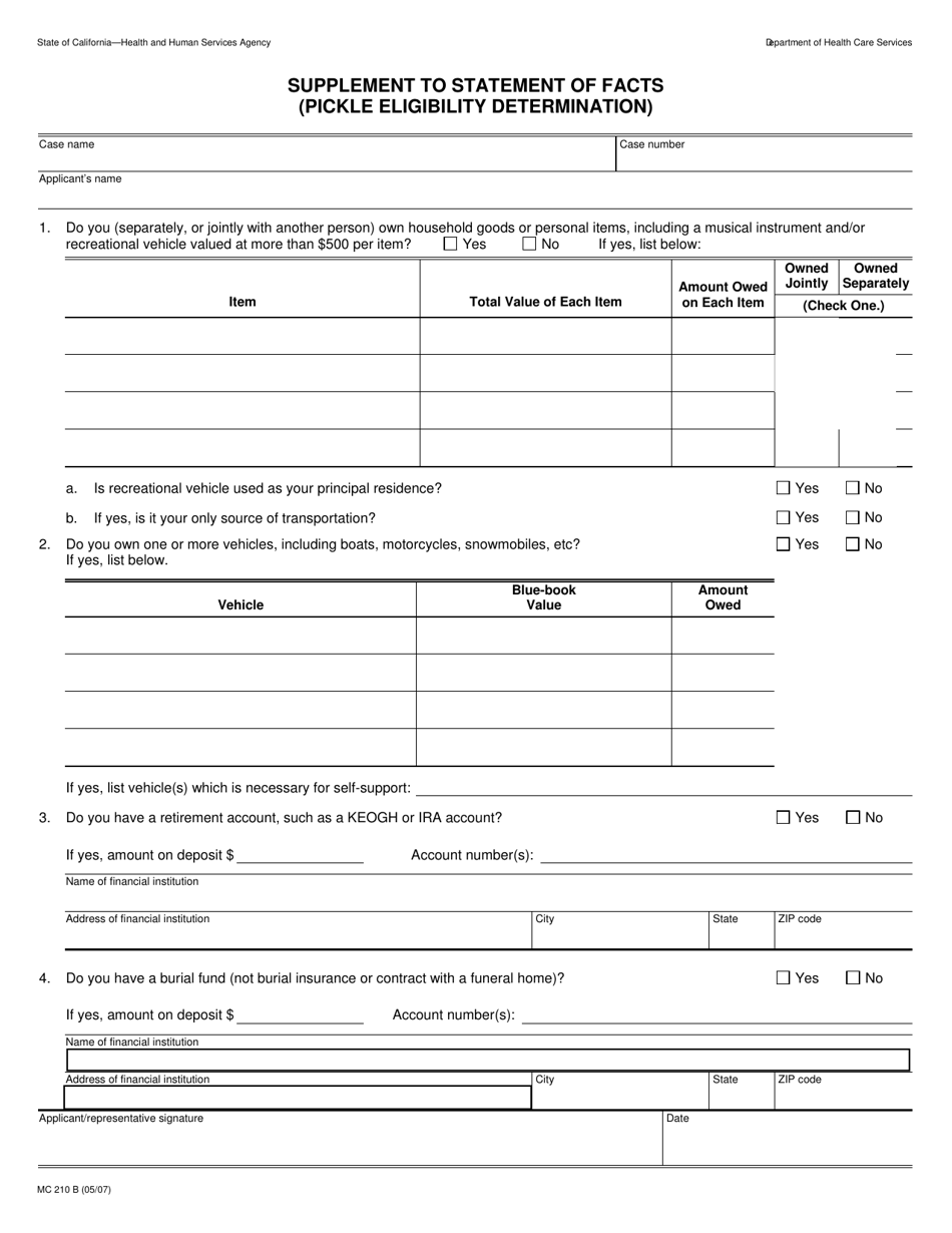 Form MC210 B Supplement to Statement of Facts (Pickle Eligibility / Determination) - California, Page 1