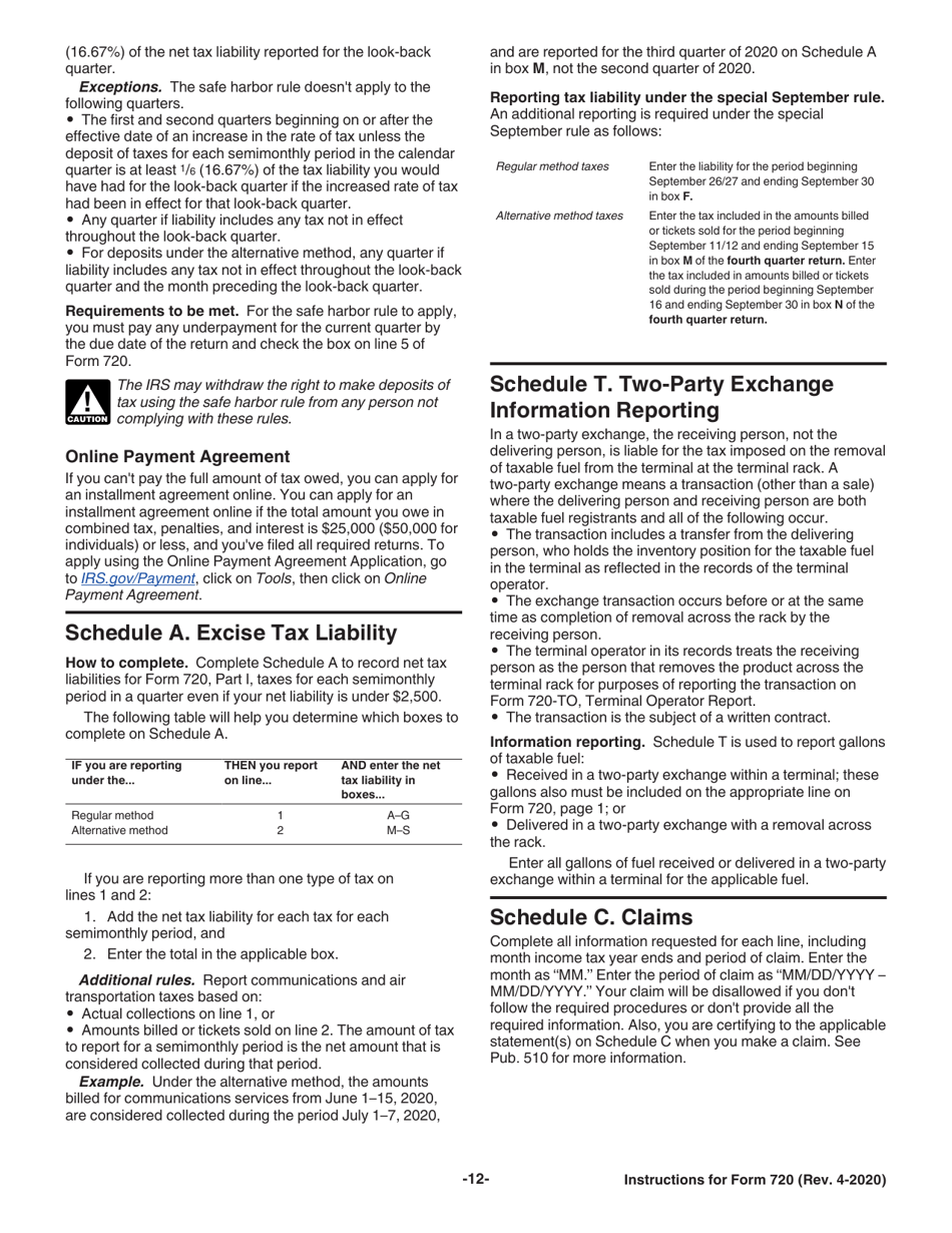 Instructions for IRS Form 720 Quarterly Federal Excise Tax Return, Page 12