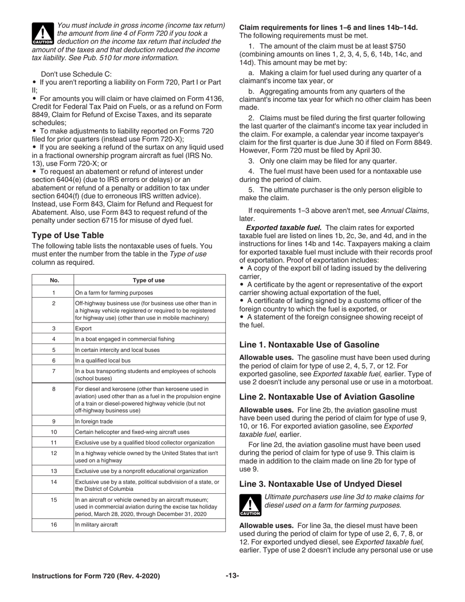 Instructions for IRS Form 720 Quarterly Federal Excise Tax Return, Page 13