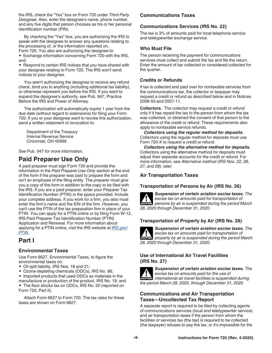 Instructions for IRS Form 720 Quarterly Federal Excise Tax Return, Page 4