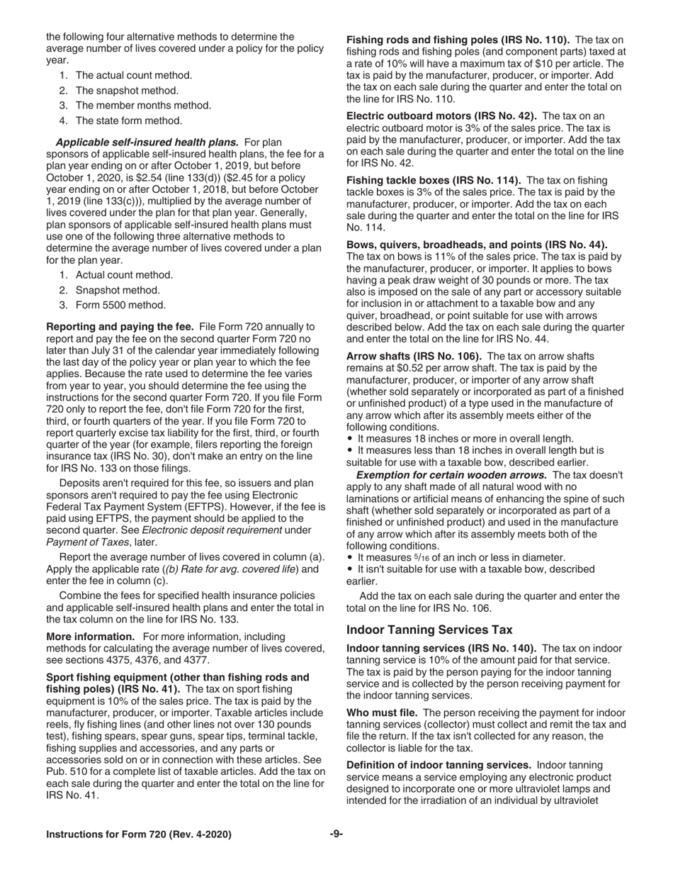 Instructions for IRS Form 720 Quarterly Federal Excise Tax Return, Page 9