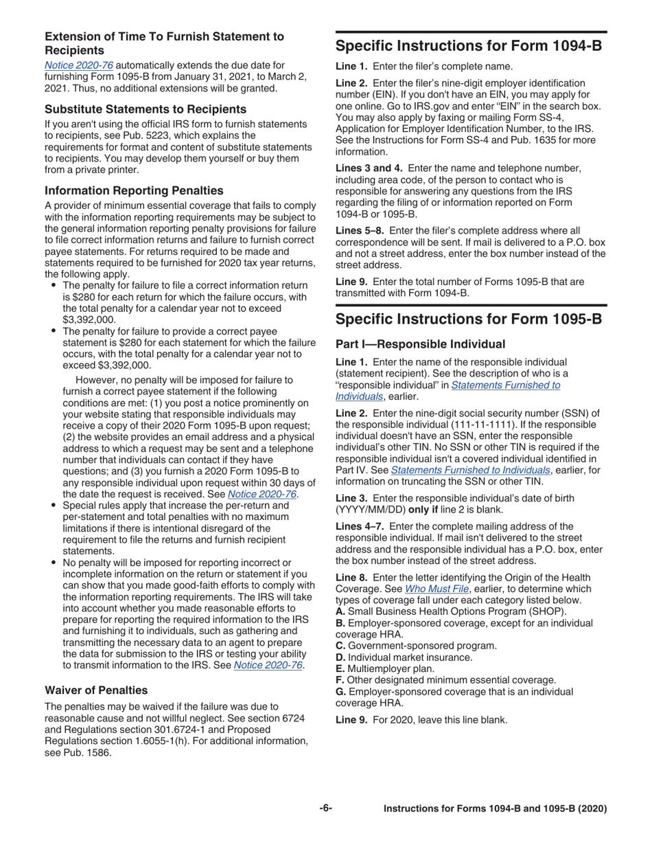 Instructions for IRS Form 1094-B, 1095-B, Page 6