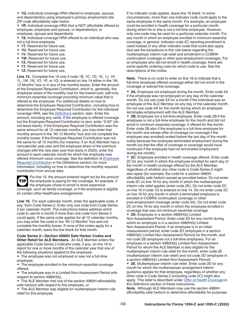 Instructions for IRS Form 1094-C, 1095-C, Page 12